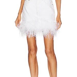 NWT Cinq a Sept Luca White Denim Ostrich Feather Trim Mini Skirt Size 2
